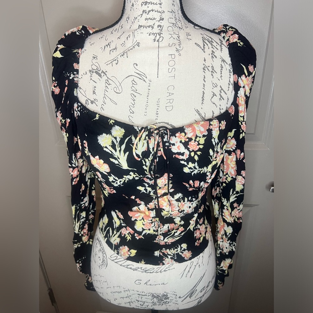 Free People Hilary Floral Print Long Puffed Sleeve Tie Back Blouse - Picture 3 of 11